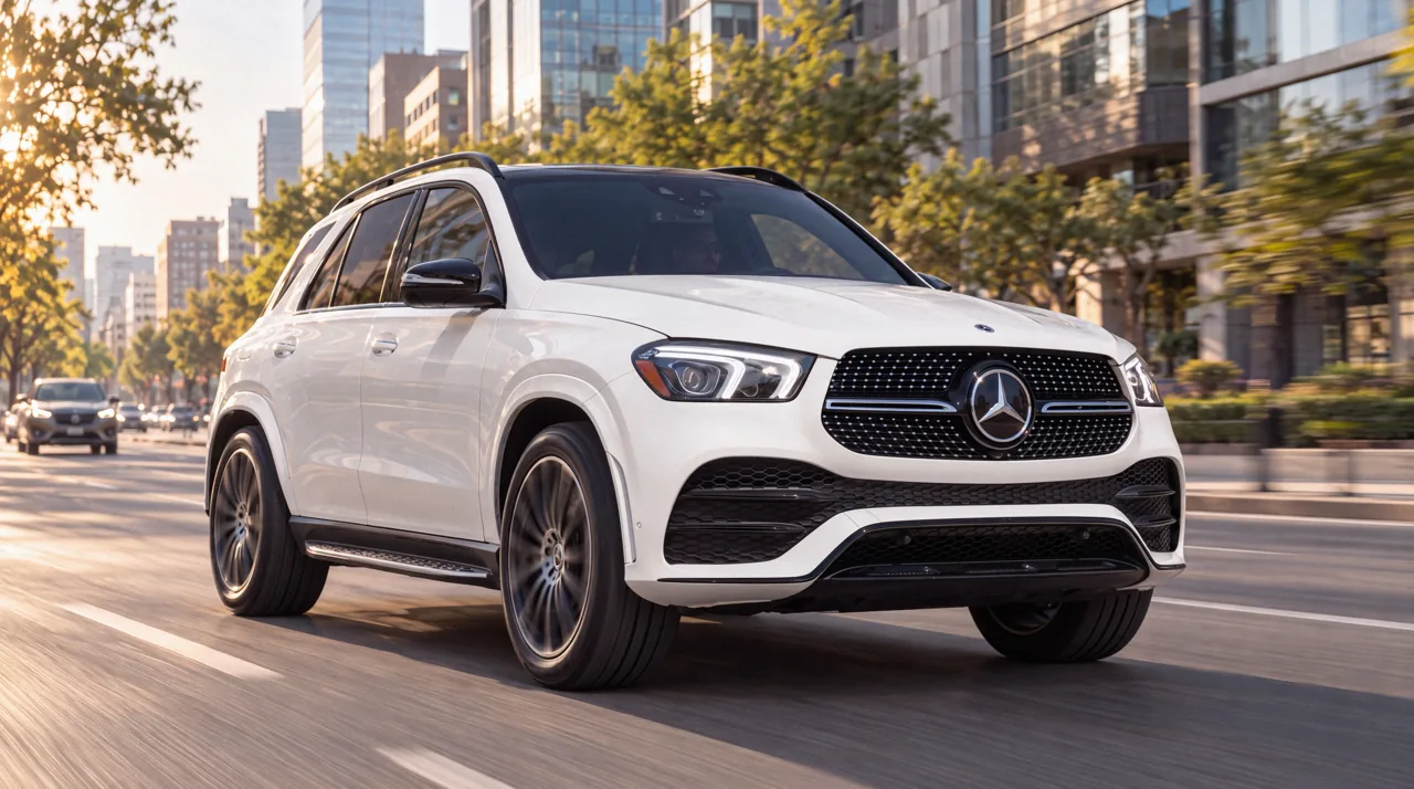 El mismo GLE 350 blanco, mismo ángulo, andando por una avenida de Santiago, generado