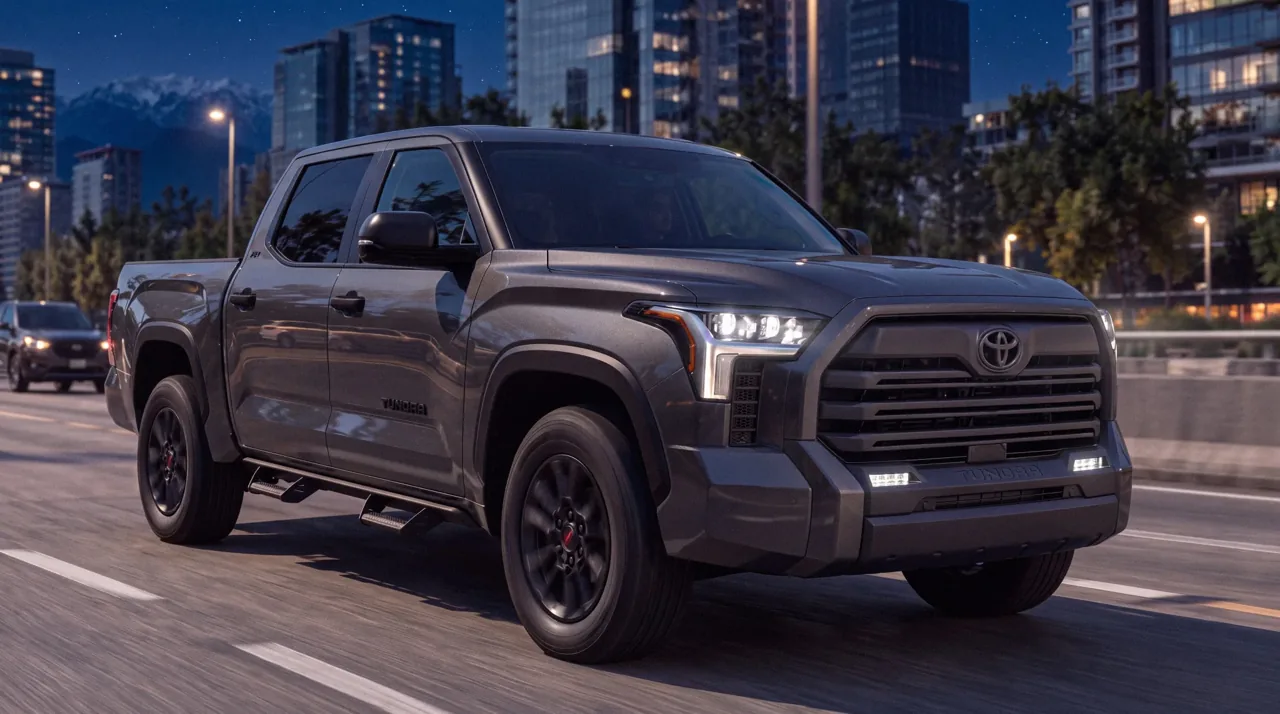 Toyota Tundra gris en una avenida de ciudad de noche, generada con Custom Creative